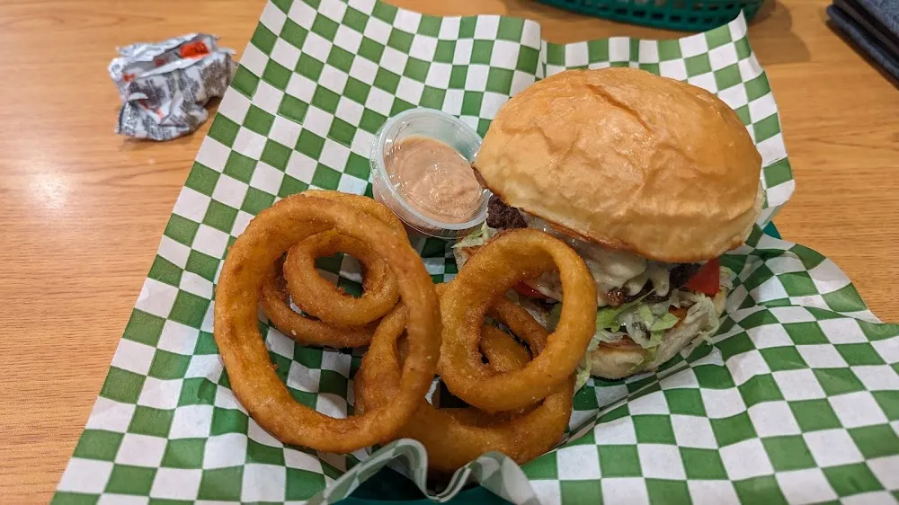 Double Loaded Cheeseburger and Onion Rings